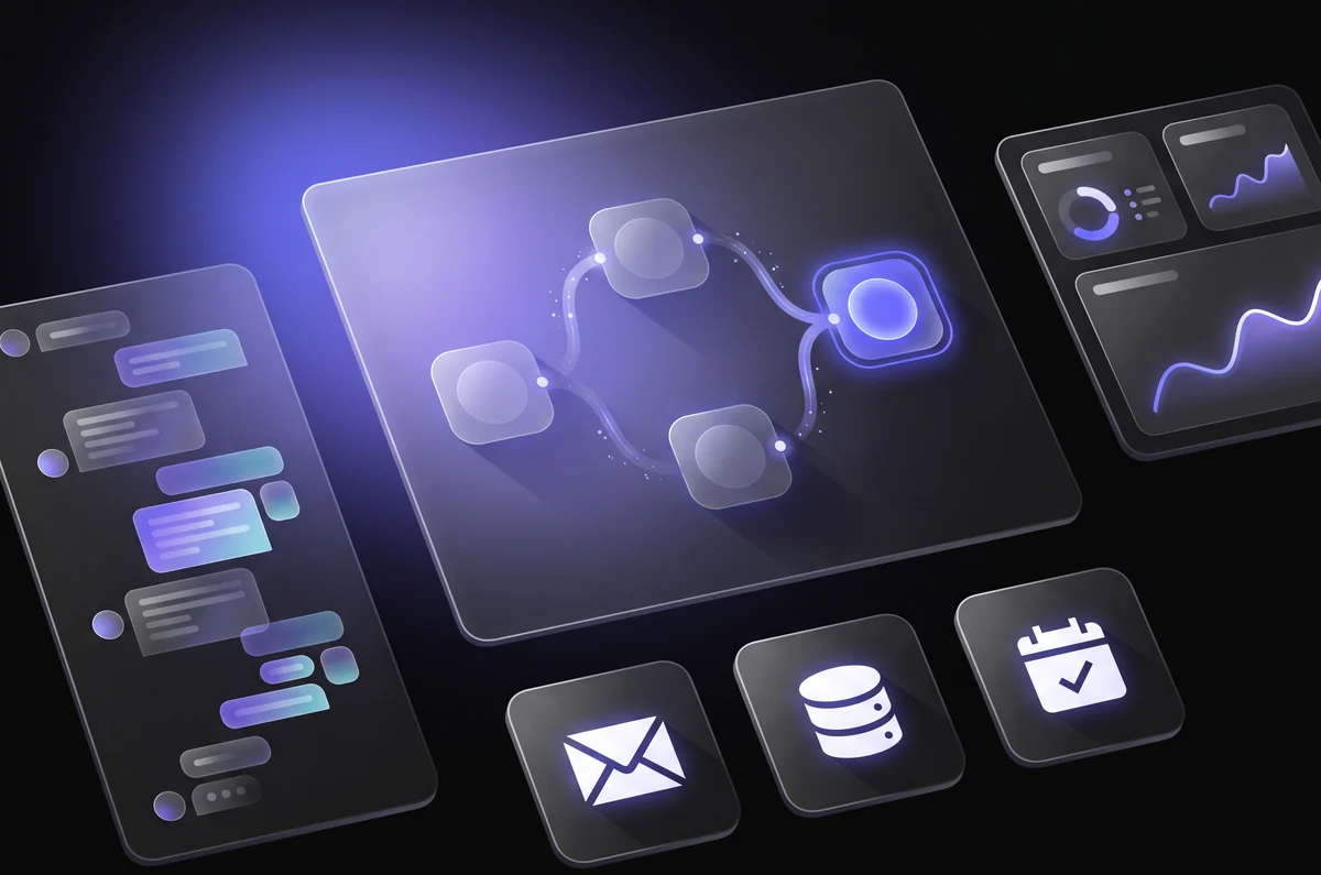 Un agent IA branché sur les outils d'une entreprise : conversation, workflow d'automatisation et tableau de bord.